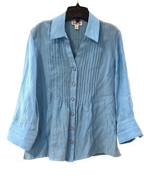 Coldwater Creek Womens Blue Button-Front Pleated Blouse S Rayon/Polyester